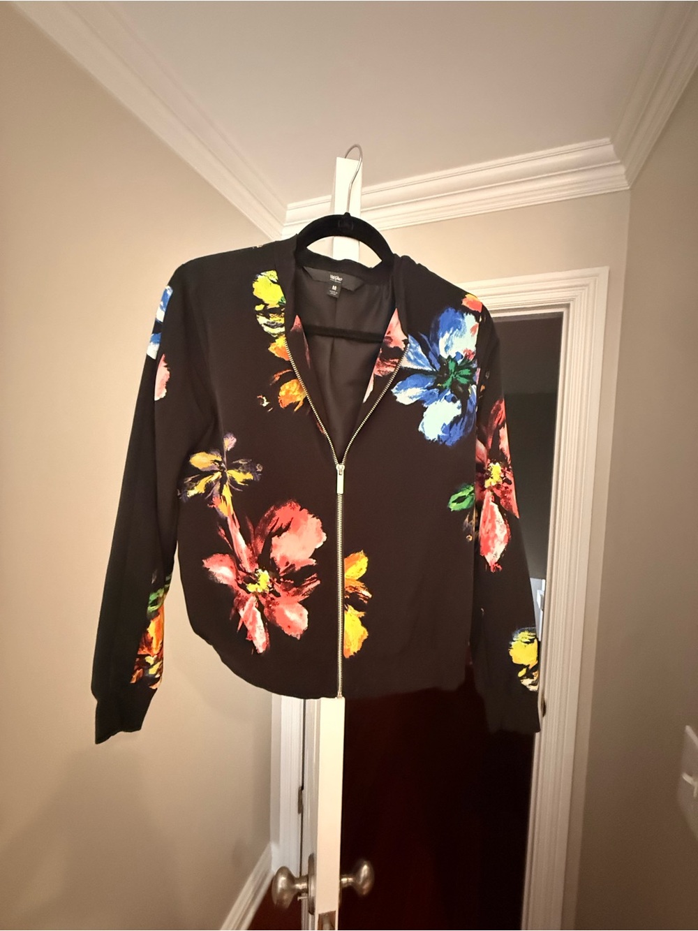 Mossimo Supply Co. Black Bomber Jacket with Bright Floral Print